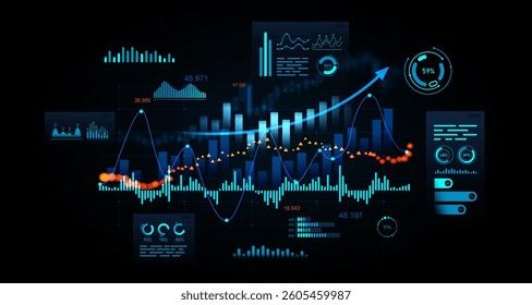 Digital instrumentpanel med finansiella grafer och företagsinformation på svart bakgrund.