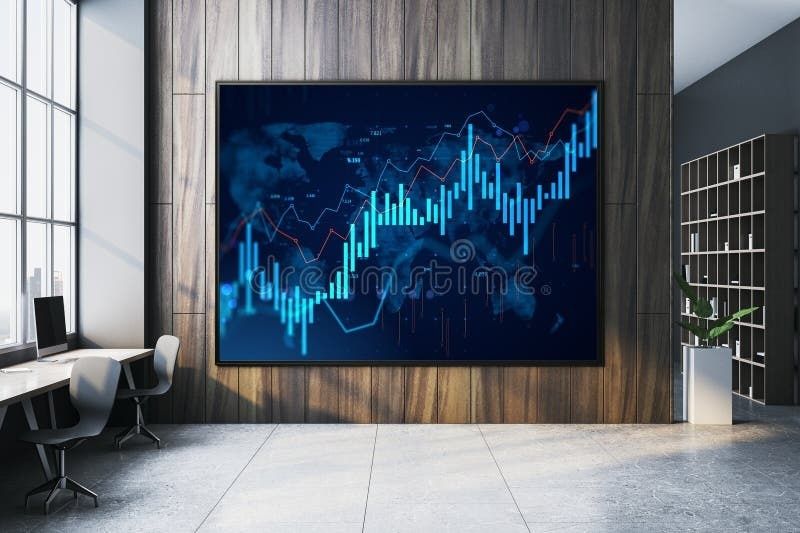 Digitalt diagram med stigande kurvor på en skärm i modernt kontor